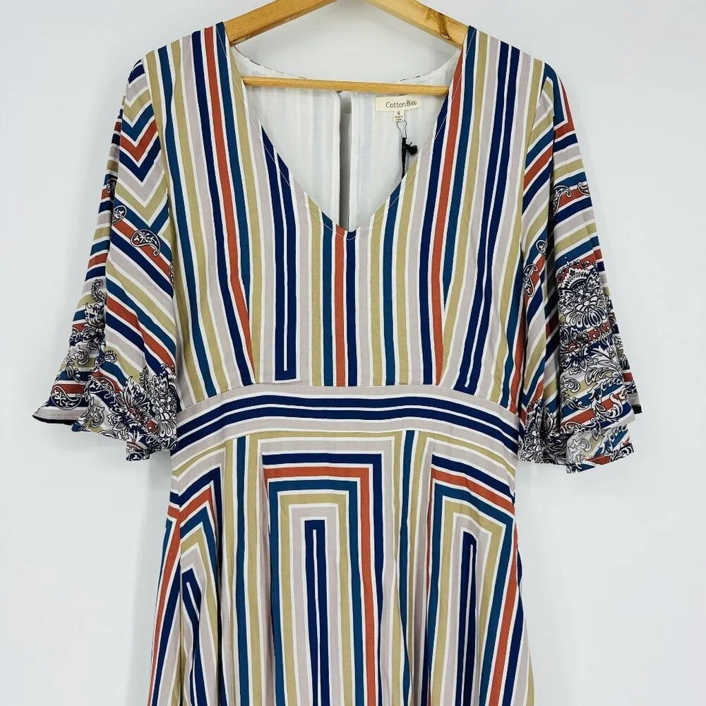 Cotton Bleu Multi Flutter Sleeve Striped Scarf Print V-neck Keyhole Maxi Dress S - Picture 3 of 13